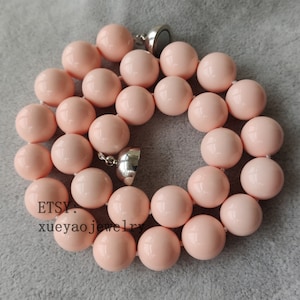 Coral-Pink Shell Pearl Necklace: 14mm Beads, Magnetic Clasp