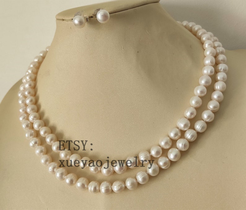 double rows 8-8.5 mm white freshwater pearl necklace /& earrings set