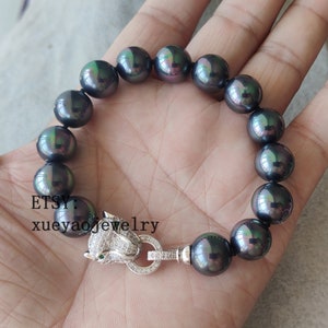 Charm Bracelet, 12 mm colorful black shell pearl  Leopard head bracelet