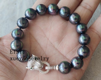 Charm Bracelet, 12 mm colorful black shell pearl  Leopard head bracelet