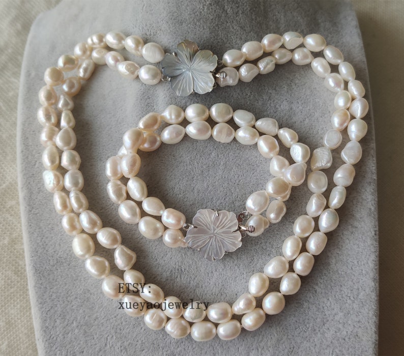 double rows 9-10mm white baroque freshwater pearl necklace /& bracelet shell flower clasp pearl set