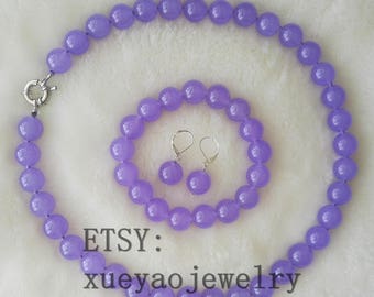 jade set -8 mm purple jade necklace stretch bracelet & earrings set