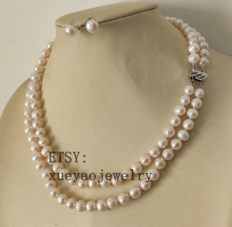 double rows 8-8.5 mm white freshwater pearl necklace /& earrings set