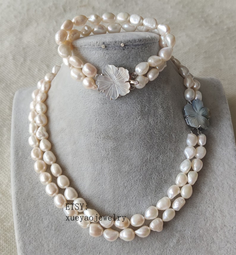 double rows 9-10mm white baroque freshwater pearl necklace /& bracelet shell flower clasp pearl set