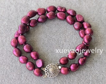 Dark Red Freshwater Pearl Bracelet: Double Row Baroque Pearls