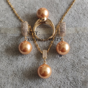 Champagne Shell Pearl Jewelry Set: Ring, Earrings & Pendant