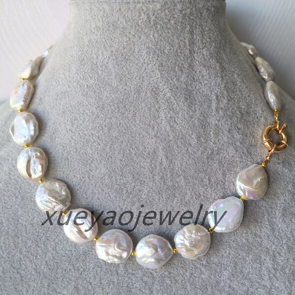 Baroque Pearl Necklace, Coin Pearl Necklace, 13-14mm white coin pearl necklace