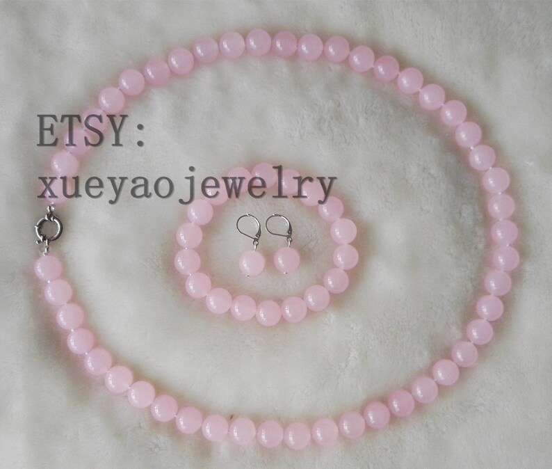 jade set 12mm light pink jade necklace stretch bracelet /& earrings set
