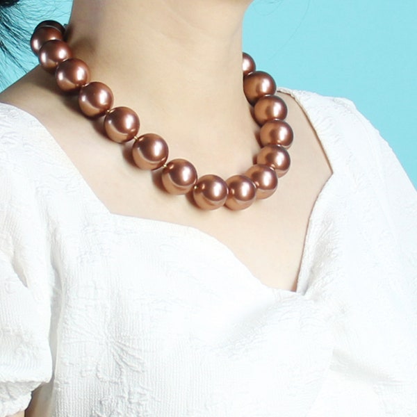 Huge bead necklace, 20mm Brown/ Turquoise Blue/ Gold/ colorful black shell pearl necklace, fashion  jewelry