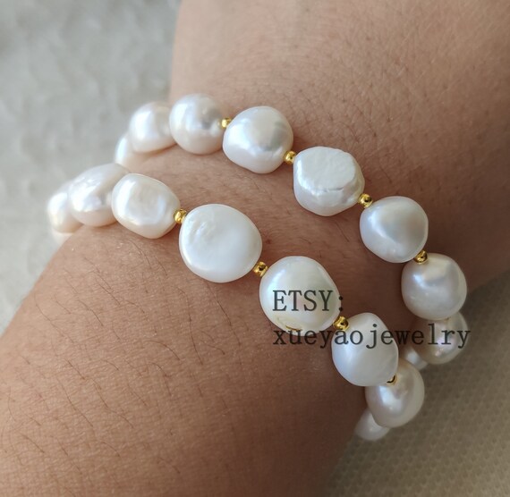 Big Pearl Bracelet Pair of 10 11 Mm White Baroque Pearl Stretch