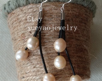 pearl leather earrings, pearl dangle earrings, pink/ gray  freshwater pearl earrings