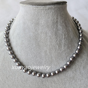 Collar de perlas de concha, collar de cuentas gris oscuro de 8 mm