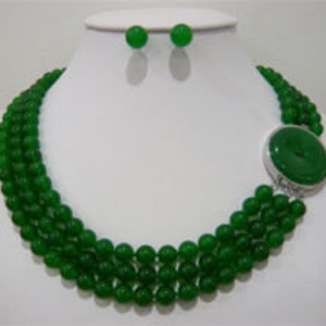 Jade set -3 rows 8mm green jade  necklace and earrings set