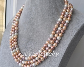 Multi-Color Shell Pearl Necklace: 3-Row, 8mm, 20-22 Inches