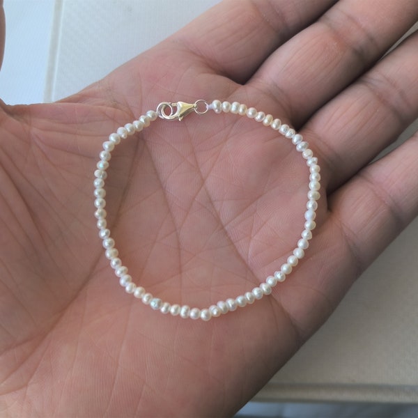 Tiny pearl Bracelet,  3 mm white freshwater pearl bracelet, 925 silver closure