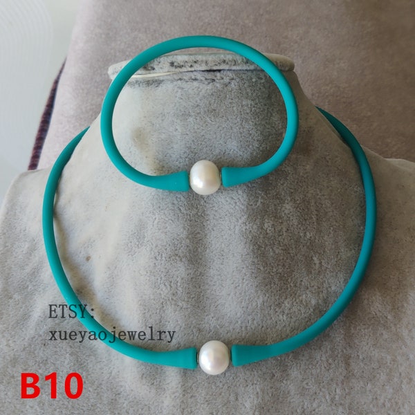 10 colors- pearl choker necklace, pearl bracelet, genuine white freshwater pearl with Silicone rubber necklace & bracelet set