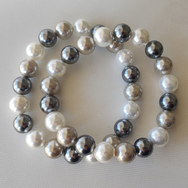 stretch bracelet, pair of 10mm white light gray & dark gray multi-color shell pearl pearl bracelet