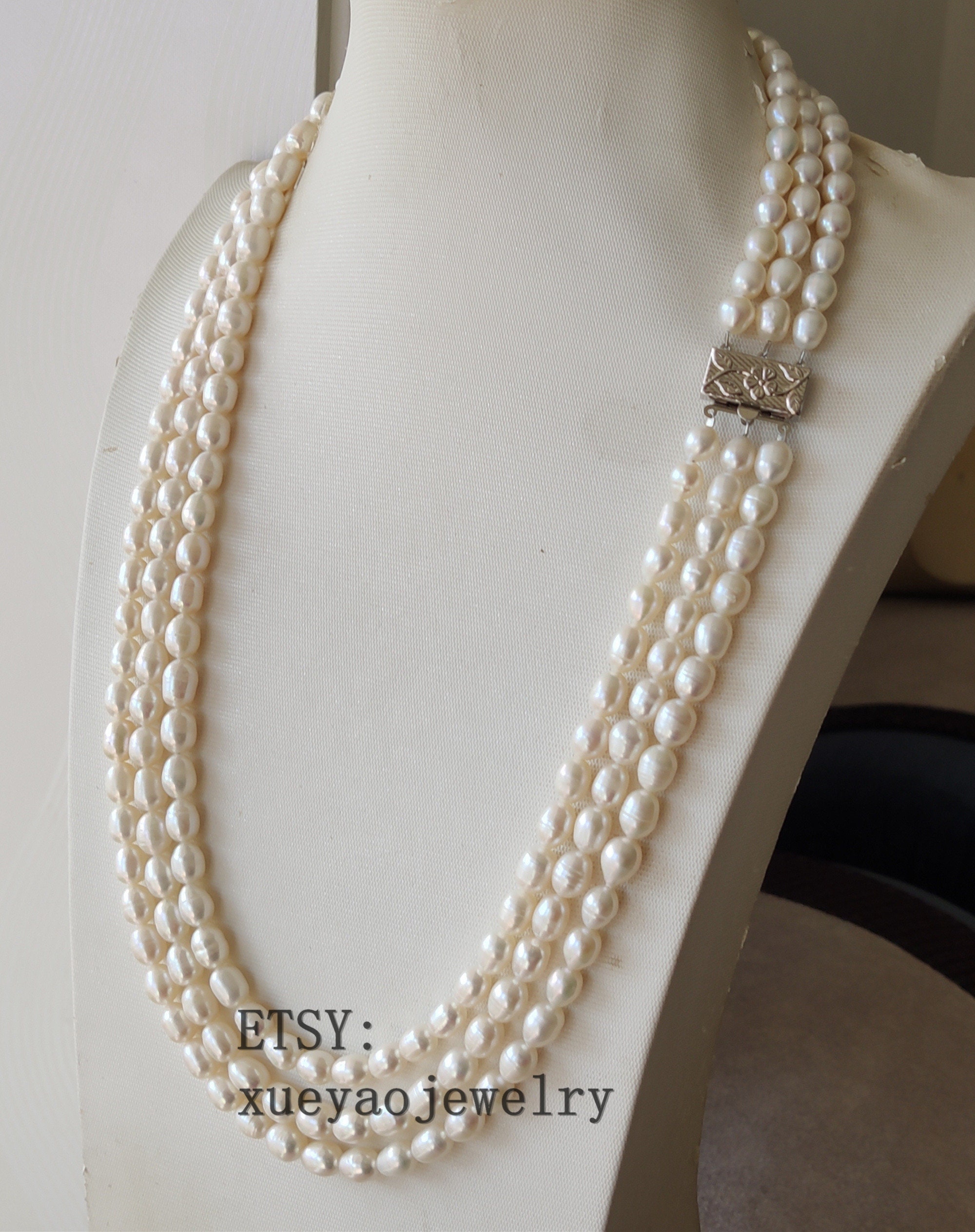 Genuine Pearl Necklace: 3-row White Freshwater Pearls, 23-25