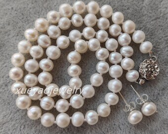 Set Collana E Orecchini Con Perle D'Acqua Dolce Naturali Bianco 14-50