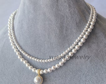 ★HARANG★ HR 61N_Mother of Pearl Necklace Mother of Pearl Necklace, 2 Rows 4-6 Mm White Shell Pearl
