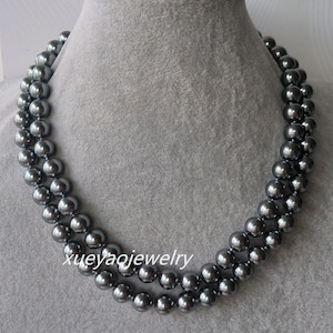 Dark Gray Shell Pearl Necklace: Double Row, 10mm