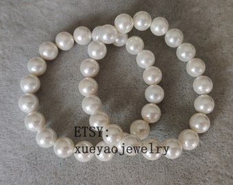 10mm Shell Pearl Stretch Bracelet: White or Pink Bridesmaid Jewelry