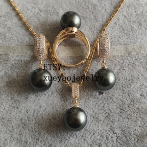 Black Shell Pearl Jewelry Set: Earrings, Pendant & Ring