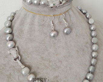 Gray Baroque Pearl Jewelry Set: Necklace, Bracelet & Earrings