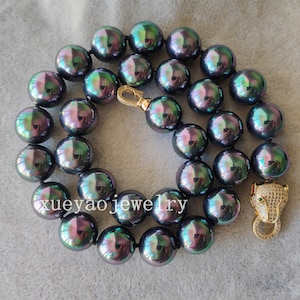 12mm Black Shell Pearl Necklace: Peacock Green Bead Necklace