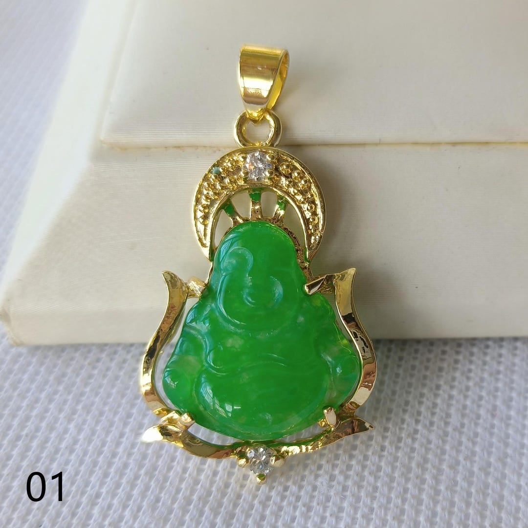 Green Jade Buddha Pendant, Gold Plated Necklace, Lucky Charm
