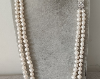 double strands 9-9.5mm white pearl necklace, Long Pearl necklace, Real pearl necklace, Mothers gift, gift for her