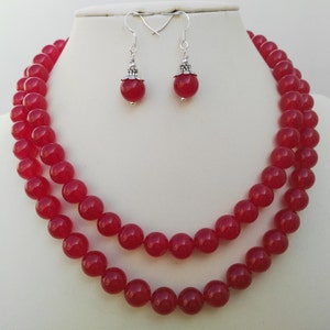 Red Jade Jewelry Set: 10mm Beaded Necklace and Earrings