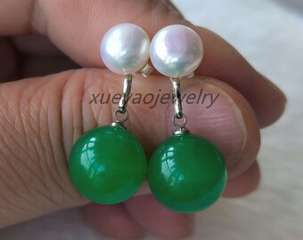 Boucles D'oreilles Clous En Argent 925 Avec Perle Culture Et Jade Verte - Fait Main - Neuf Avec étiquette