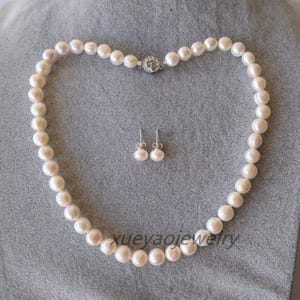 genuine pearl necklace , white freshwater pearl necklace, 9-9.5 mm pearl necklace , free 7-8 mm pearl earrings