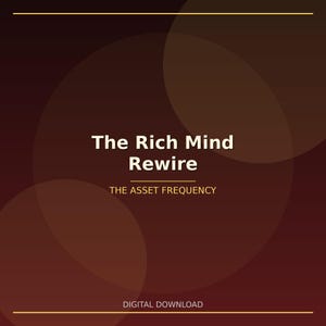 Op de afbeelding: Een digitale downloadafbeelding met een bruine gradiëntachtergrond en overlappende cirkels. De tekst "The Rich Mind Rewire" is in het wit, met "THE ASSET FREQUENCY" eronder. De woorden "DIGITAL DOWNLOAD" staan onderaan.