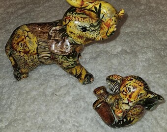 Vintage La Vie decoupage Elephant figurines. Safari Collection. set of 2