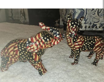 Vintage Large La Vie Ceramic Elephant and Donkey Figurines Patriotic Americana