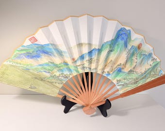 Hand Painted Chinese Landscape Folding Fan, Gongbi Style Xuan Paper Fan, Traditional Mountain Art, Oriental Home Decor
