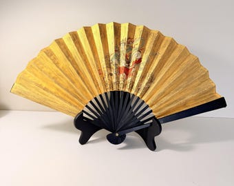 Hand Painted Chinese Folding Fan, Gold Paper Apsara Coral Art Fan