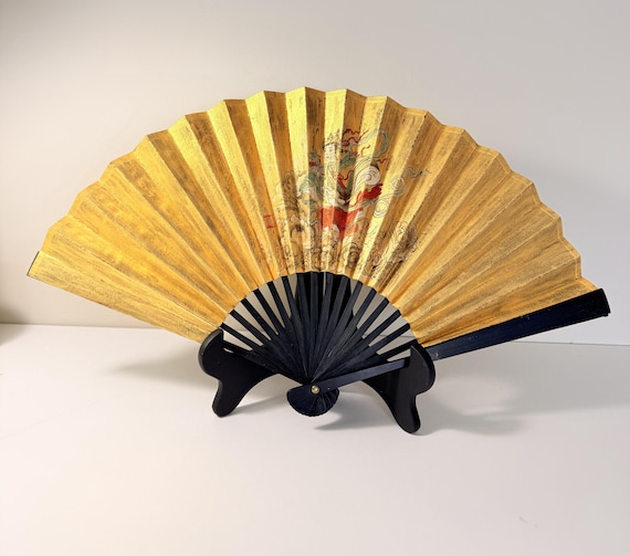 Hand Painted Chinese Folding Fan, Gold Paper Apsara Coral Art Fan