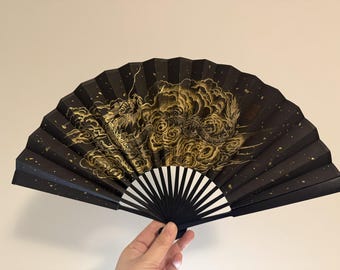 Hand-Painted Chinese Dragon Folding Fan – Gold Ink on Black Paper, Traditional Oriental Art