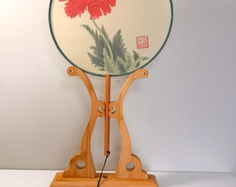 Hand Painted Chinese Round Fan – Poppy Flower, Traditional Oriental Floral Wall Decor