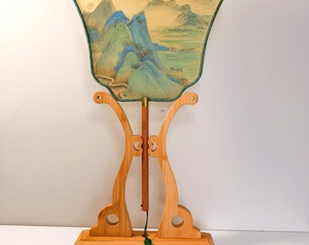 Chinese Silk Fan Wall Hanging, Hand Painted Blue Green Landscape, Gongbi Mountain Art Decor
