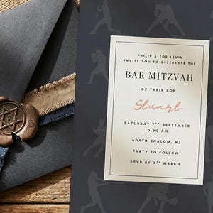 May include: A Bar Mitzvah invitation with a dark gray envelope sealed with a wax stamp and ribbon. The invitation features sports silhouettes and event details. A striped tallit and olive branches complete the scene.