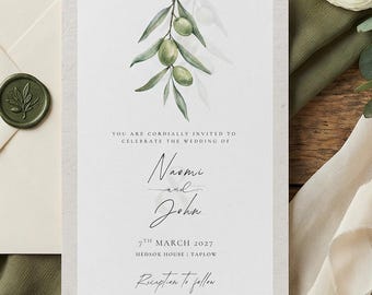 Plantilla editable de invitación de boda botánica / Invitación de boda verde oliva n.° 4 / Invitación de boda minimalista moderna / Descarga instantánea en Canva