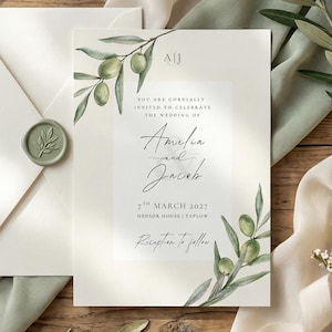 Editable Botanical Wedding Invitation Template | Olive Green Wedding Invite #3 | Modern Minimal Wedding Invitation | Instant Download Canva