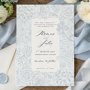 Modello di invito di nozze con ortensie e rose / Invito botanico romantico / Collezione Garden + Grove / Invito di nozze modificabile
