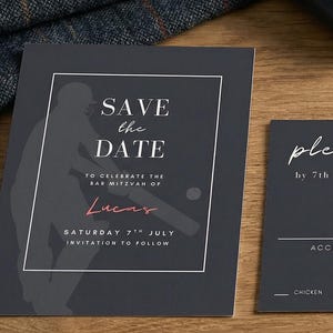 May include: Dark gray invitation suite with cricket-themed graphics and text. Includes a "Save the Date" card, a "Please Respond" card, and a "Thank You" card. A leather-bound notebook and a cricket ball are also visible.
