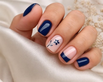 Navy Blue Press On Nails Flower French Tip Short Square Minimal Elegant Glossy Everyday Handmade Nails Gift for Her