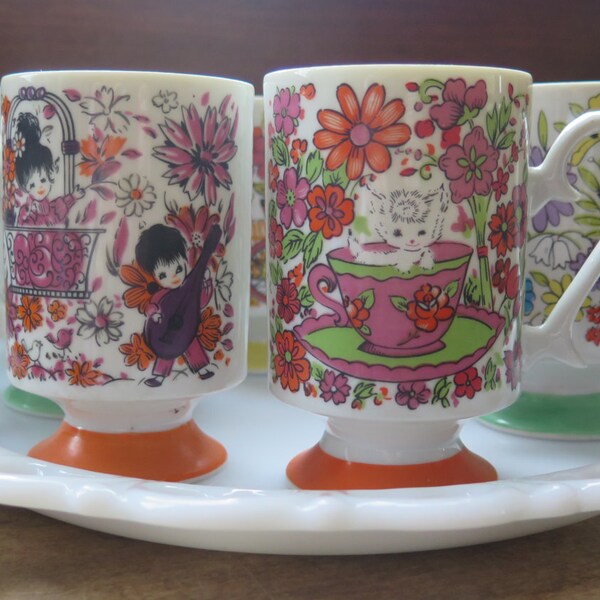 SALE///Vintage COMPLETE SET (6) of Young Lovers Kawaii Footed China TeaCups/Mugs